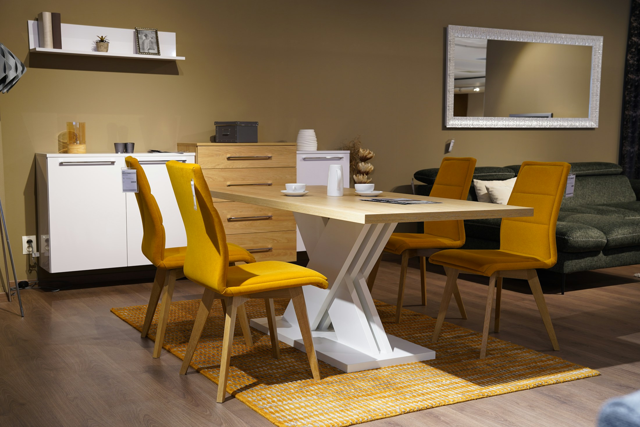 Furniture pieces arranged in a showroom before delivery planning