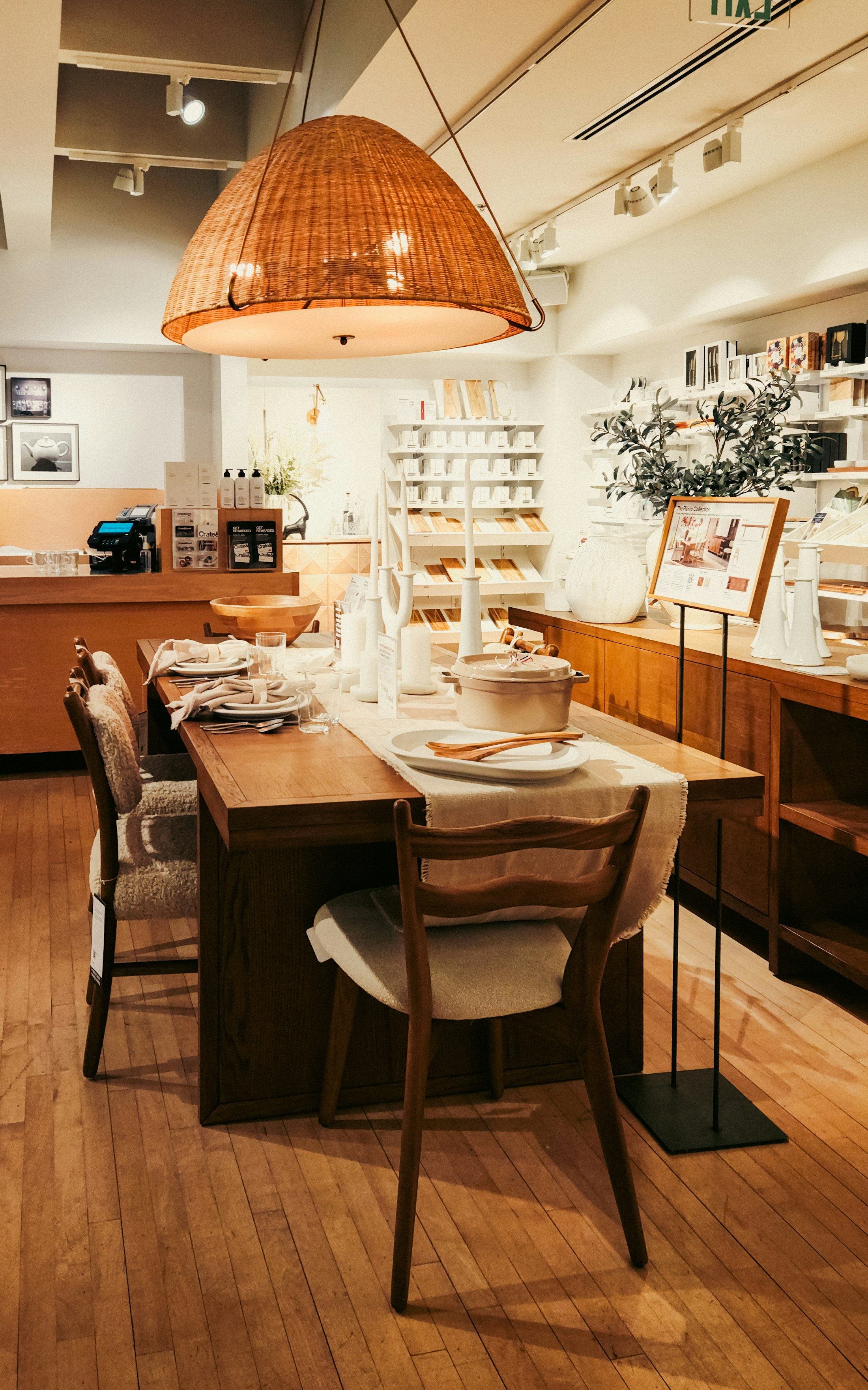 Rows of timber tables in a warm interior